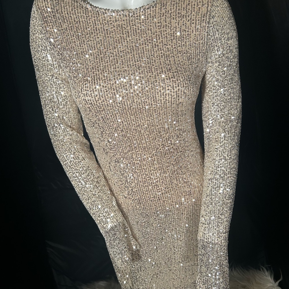 January 7 Cream Sequin Long Sleeve Bodycon Dress